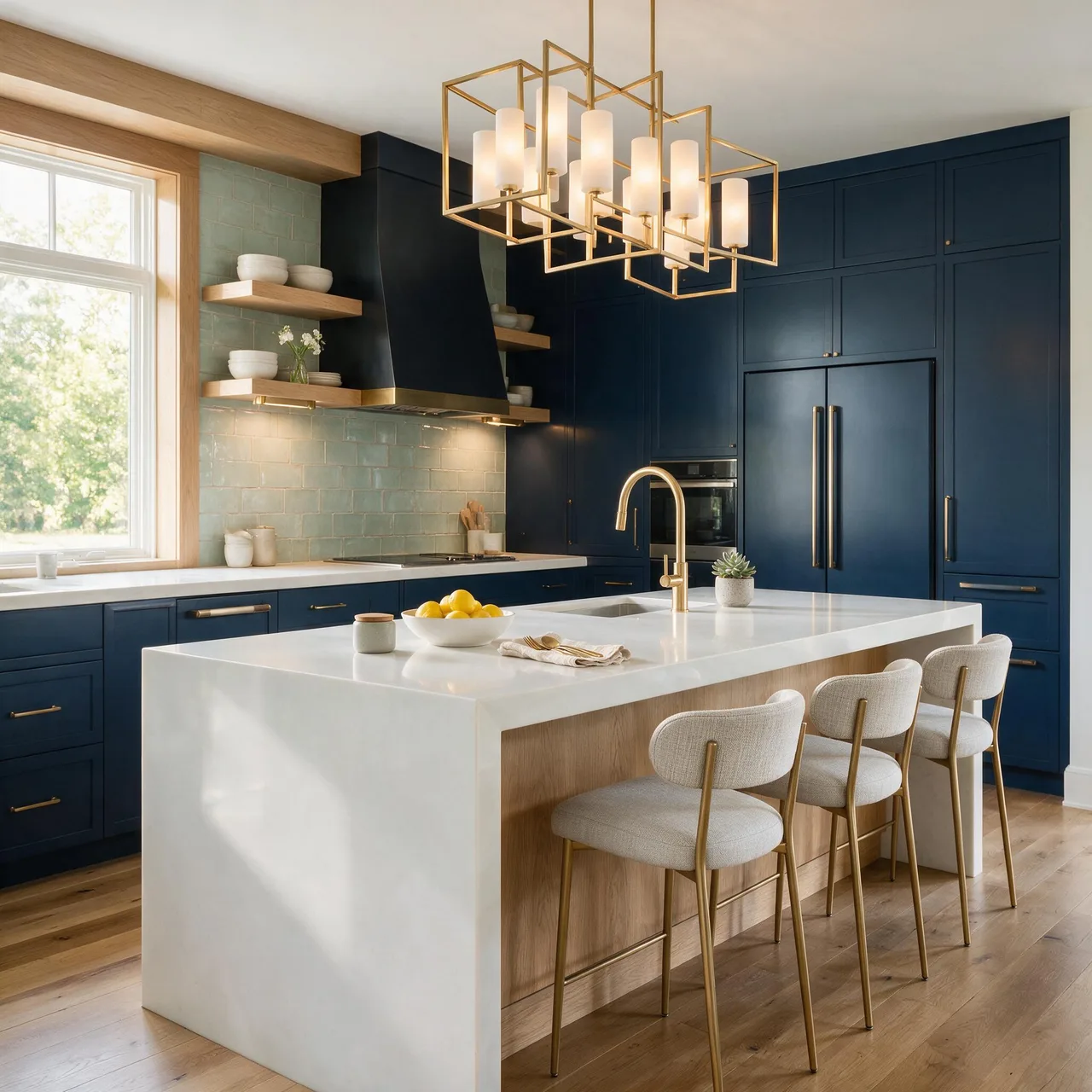 Luxury kitchen renovation with navy cabinetry and waterfall island