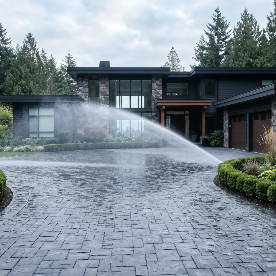 A soft wash rinse sweeping across a paver driveway toward a washed house elevation