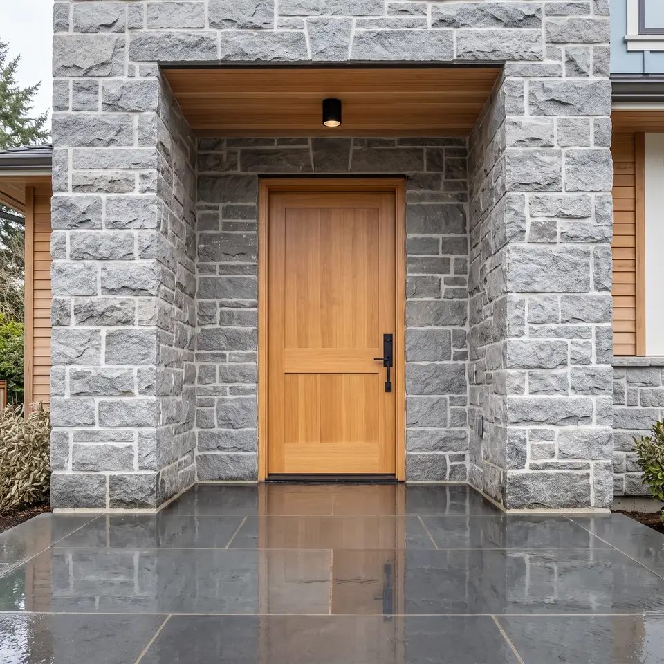Covered entry with a stone veneer surround and a freshly rinsed bluestone stoop