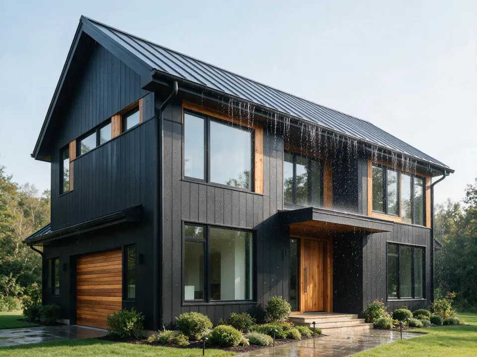 Rainwater sheeting off the standing-seam roof edge of a black board-and-batten home