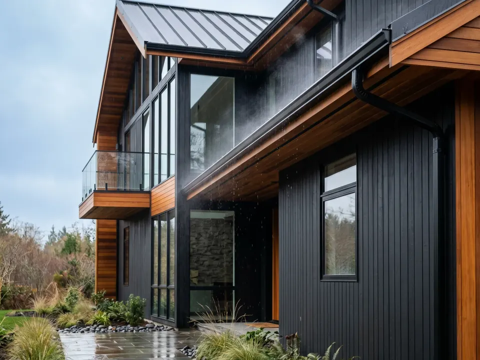 Water running clear off a cedar-soffit eave and gutter line onto wet bluestone