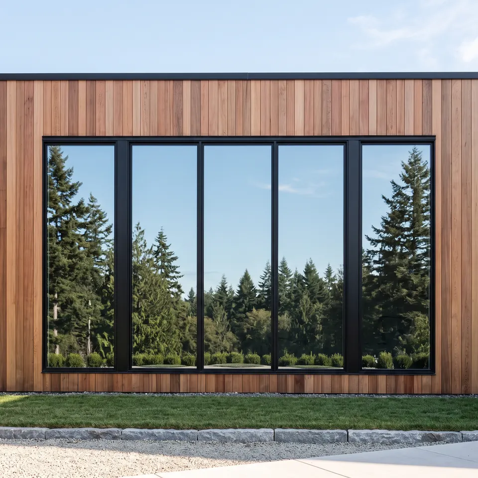 Black-framed floor-to-ceiling windows cleaned to reflect a fir canopy