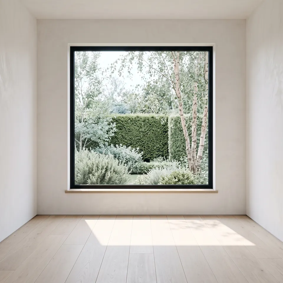 Looking out from a pale-oak room through freshly cleaned glass to a sage garden