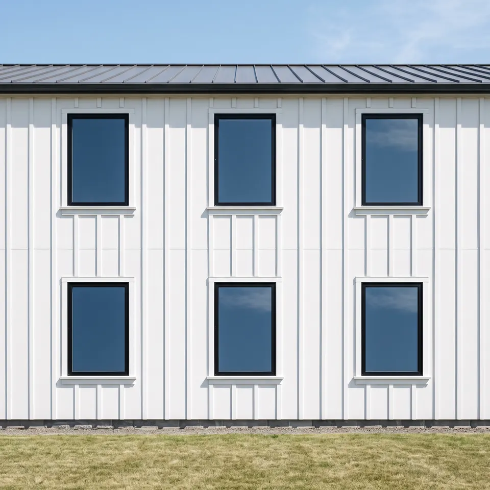 Grid of black casement windows on porcelain-white board-and-batten siding