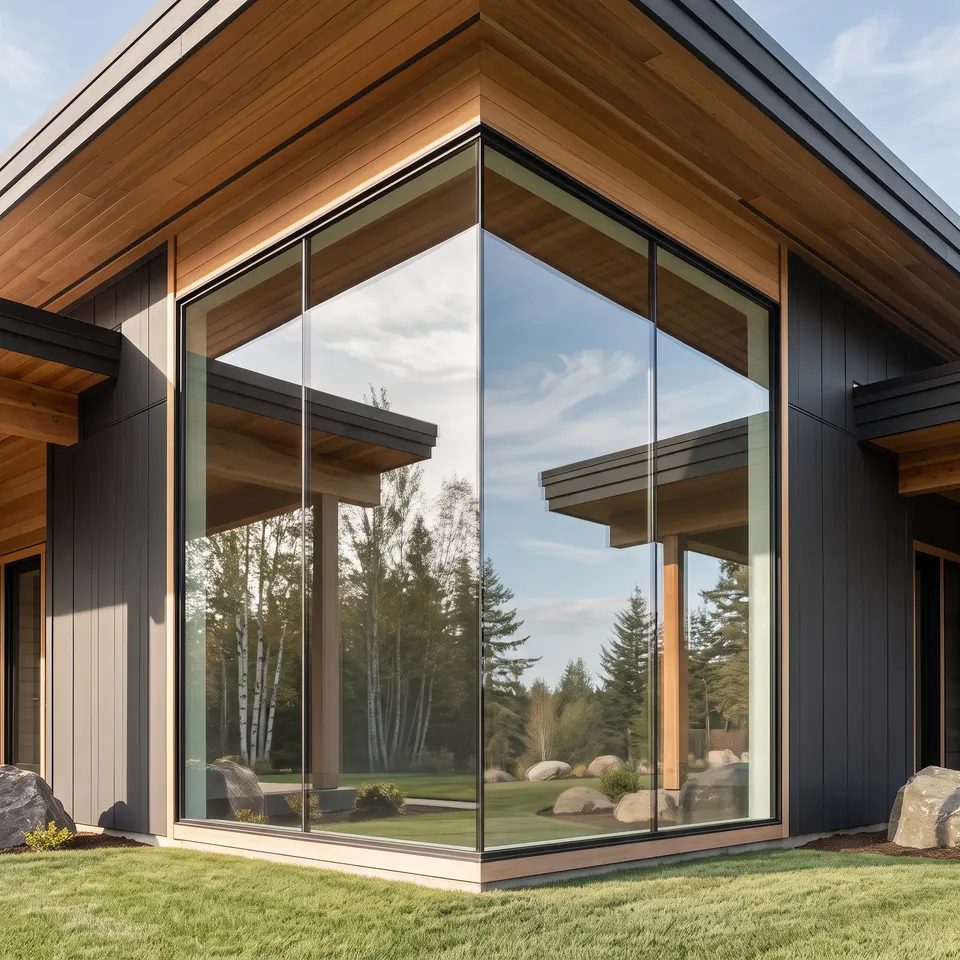 A glass corner window with a mitered joint under a warm cedar soffit, free of mineral spotting