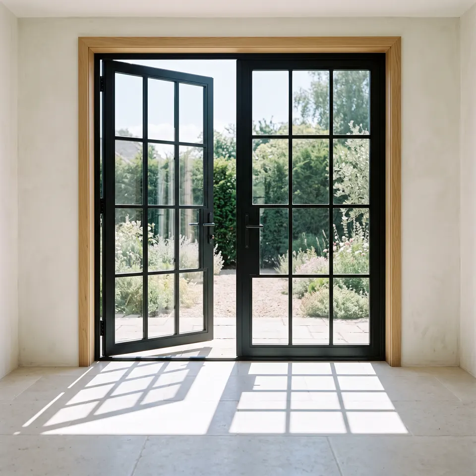Black steel-look garden doors casting a crisp shadow grid across a white-oak sunroom