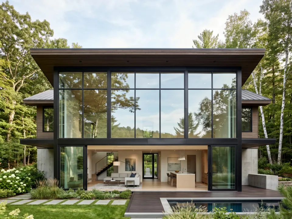 A two-story black-framed glass wall on a forest home, cleaned to a clear reflection