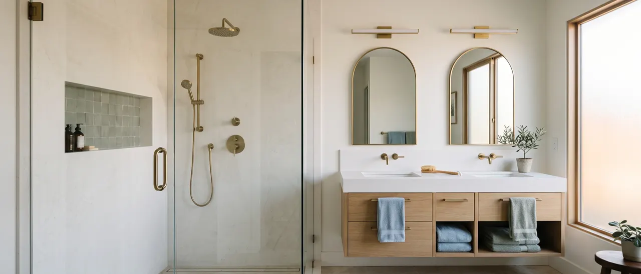 Remodeled bathroom with a tiled walk-in shower and new vanity in a Whatcom County home