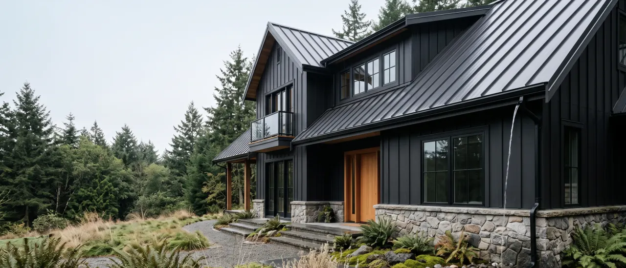 Rainwater running off the eave and downspout of a dark board-and-batten home under overcast Pacific Northwest light