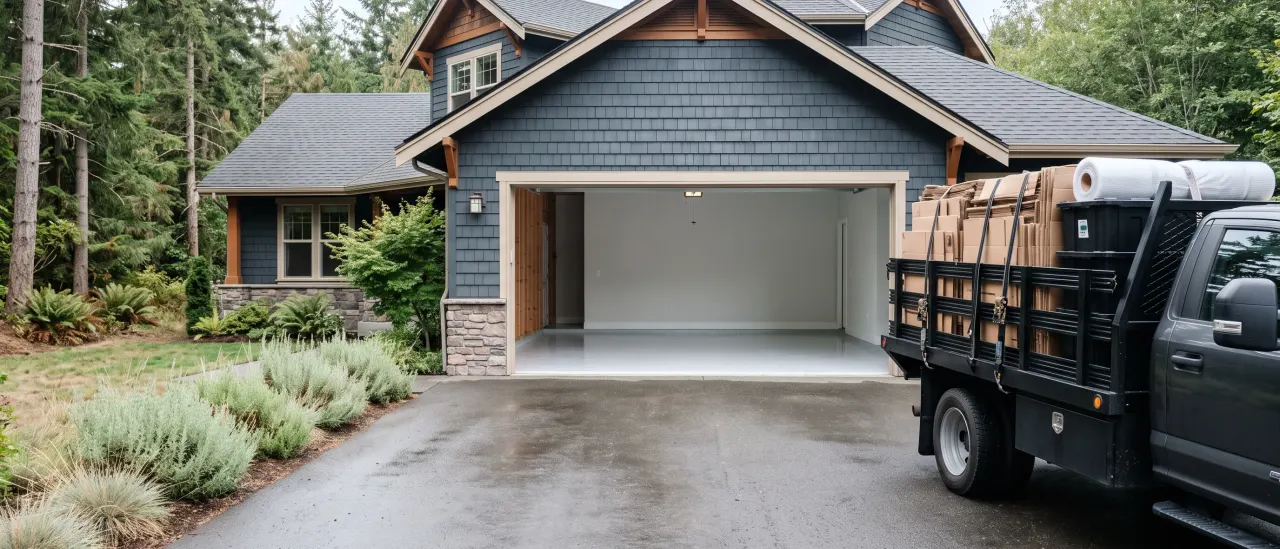 Open garage bay and a loaded flatbed truck in the driveway of a navy craftsman home, ready for a haul-away