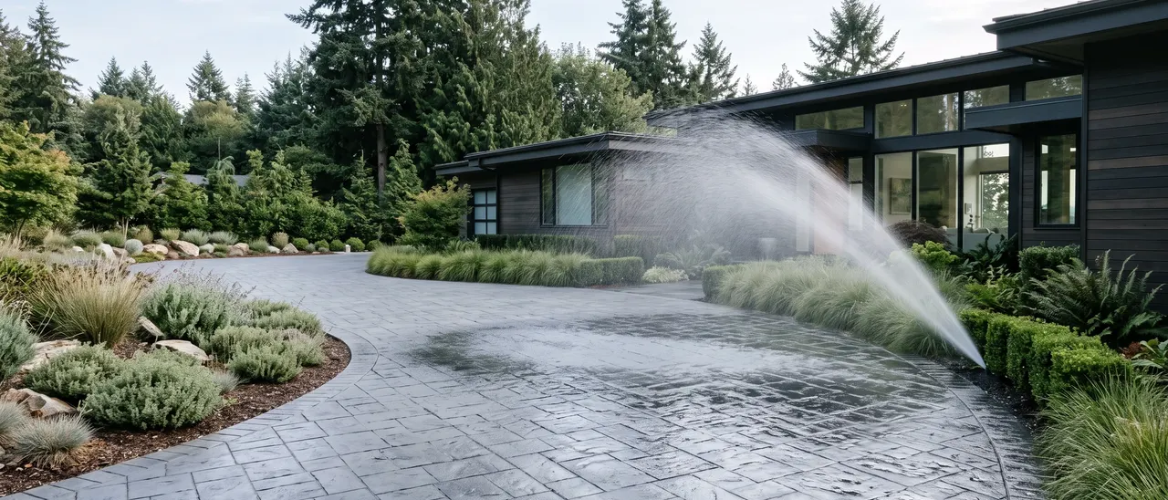 Pressure washer lifting grime from a concrete driveway in front of a Pacific Northwest home