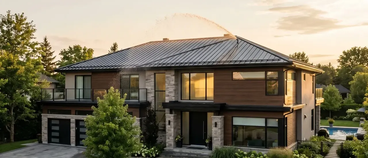 Soft-wash roof cleaning removing moss from an asphalt shingle roof in Whatcom County, Washington