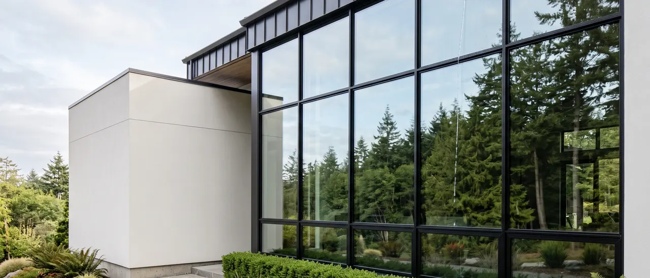 Squeegee drawing clean lines across the exterior glass of a Whatcom County home on an overcast day
